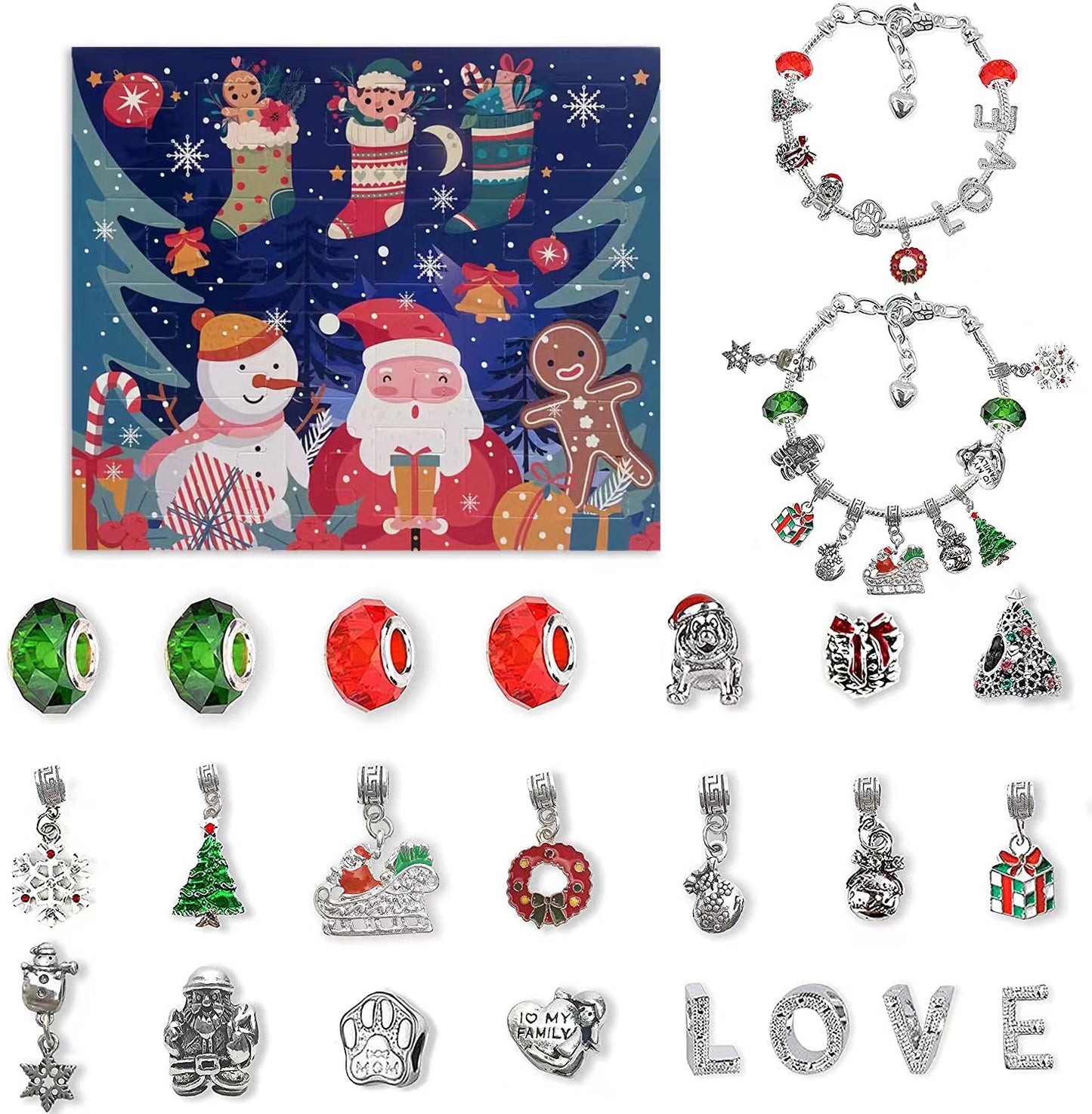 ✨🎅24-дневен календар с обратно броене Коледен комплект гривни за адвент календар